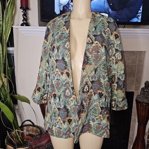 NWT. Zara Open Front Jacket Jacquard Green Multicolored Size Small